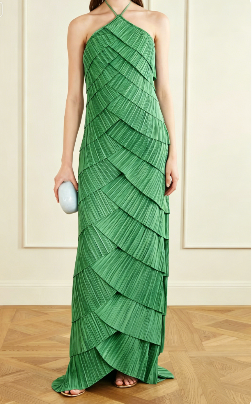 Pleated Tiered Halter Maxi Dress