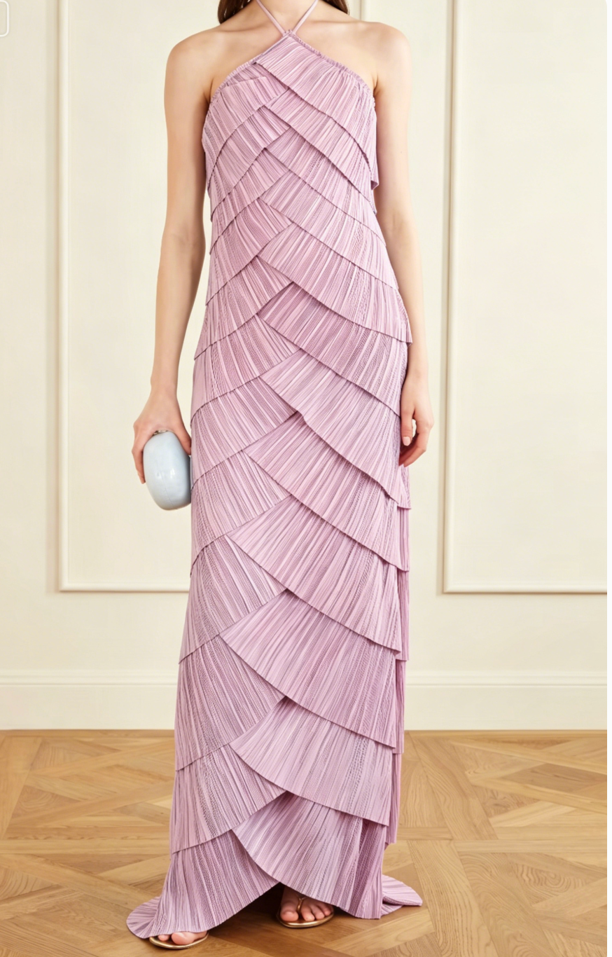 Pleated Tiered Halter Maxi Dress